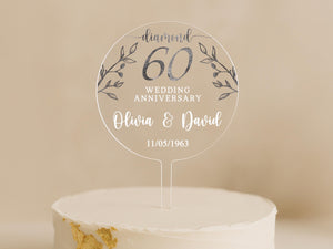 Custom clear acrylic 60th wedding anniversary cake topper with silver leaf design