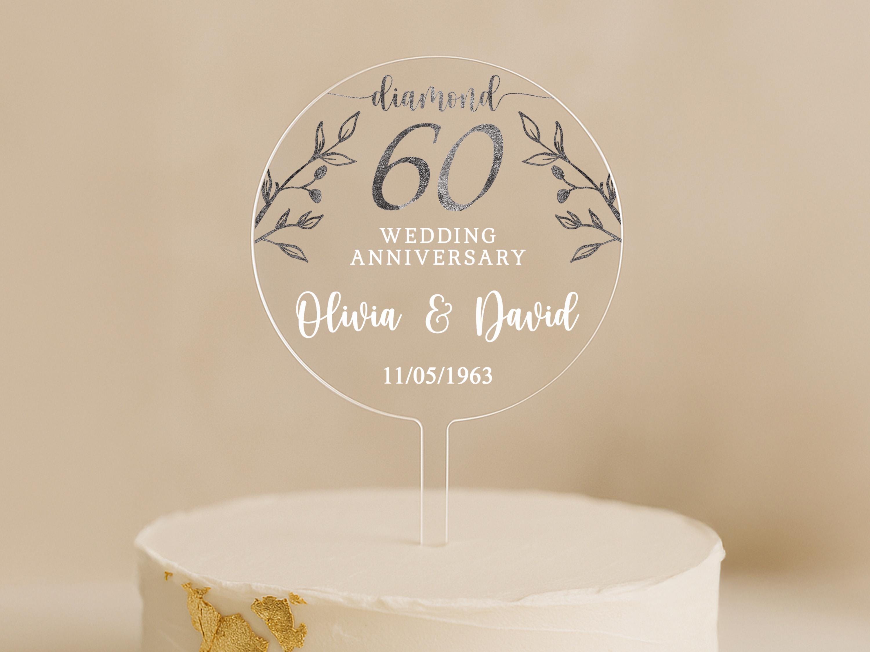 Custom clear acrylic 60th wedding anniversary cake topper with silver leaf design