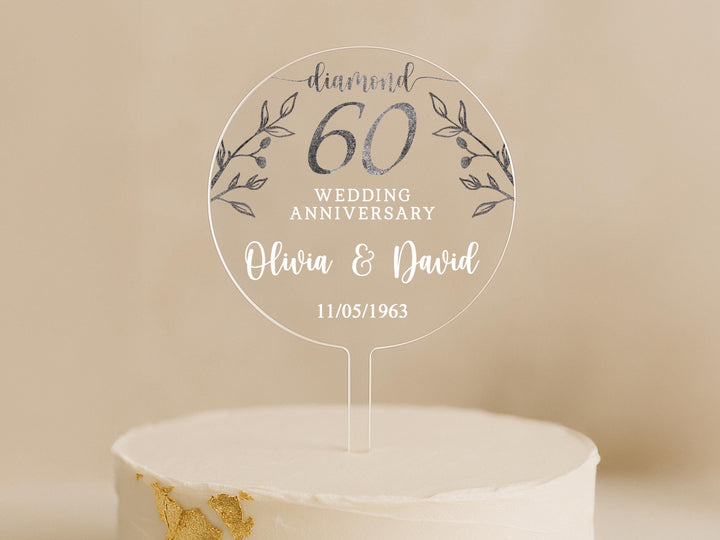 Custom clear acrylic 60th wedding anniversary cake topper with silver leaf design