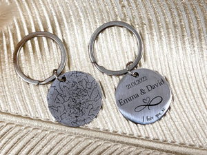 Custom stainless steel keychain with engraved star map constellation and couple's names