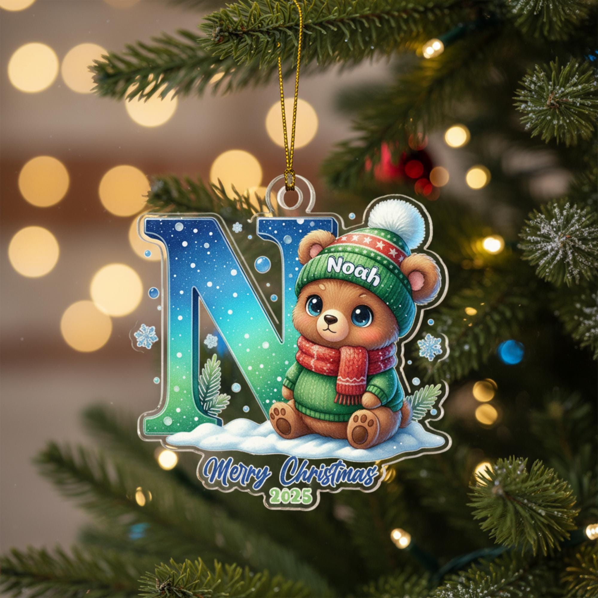 Personalised Cute Bear Letter Ornament – Custom Initial Christmas Decoration for Kids, Name Stocking Tag, Cute Winter Keepsake
