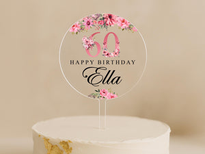 Pink Floral Personalised Birthday Cake Topper – 60th with any name and age