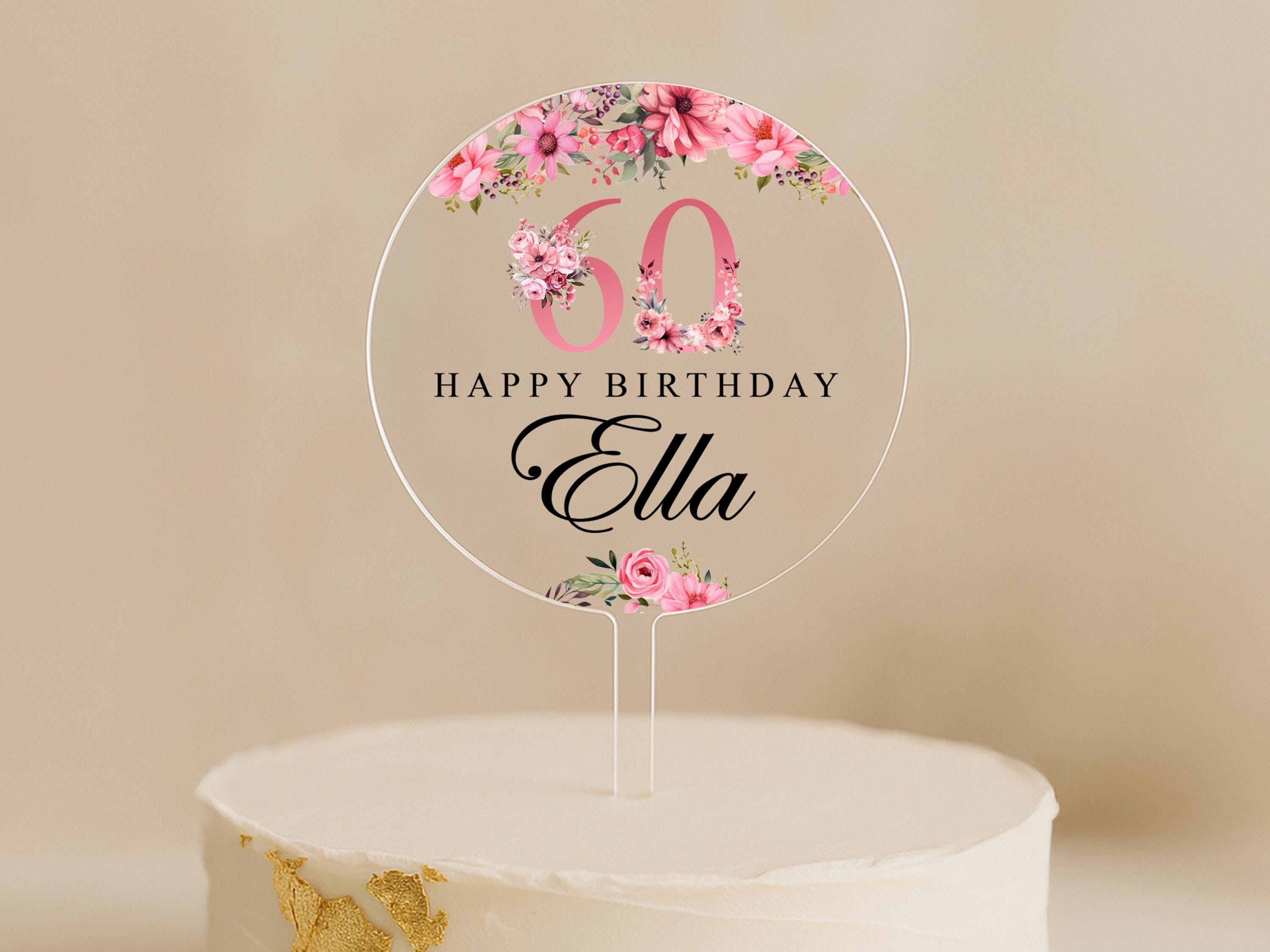 Pink Floral Personalised Birthday Cake Topper – 60th with any name and age