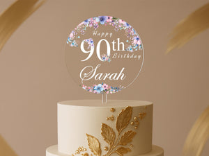 Personalised 90th Birthday Cake Topper with Florals – Clear Acrylic