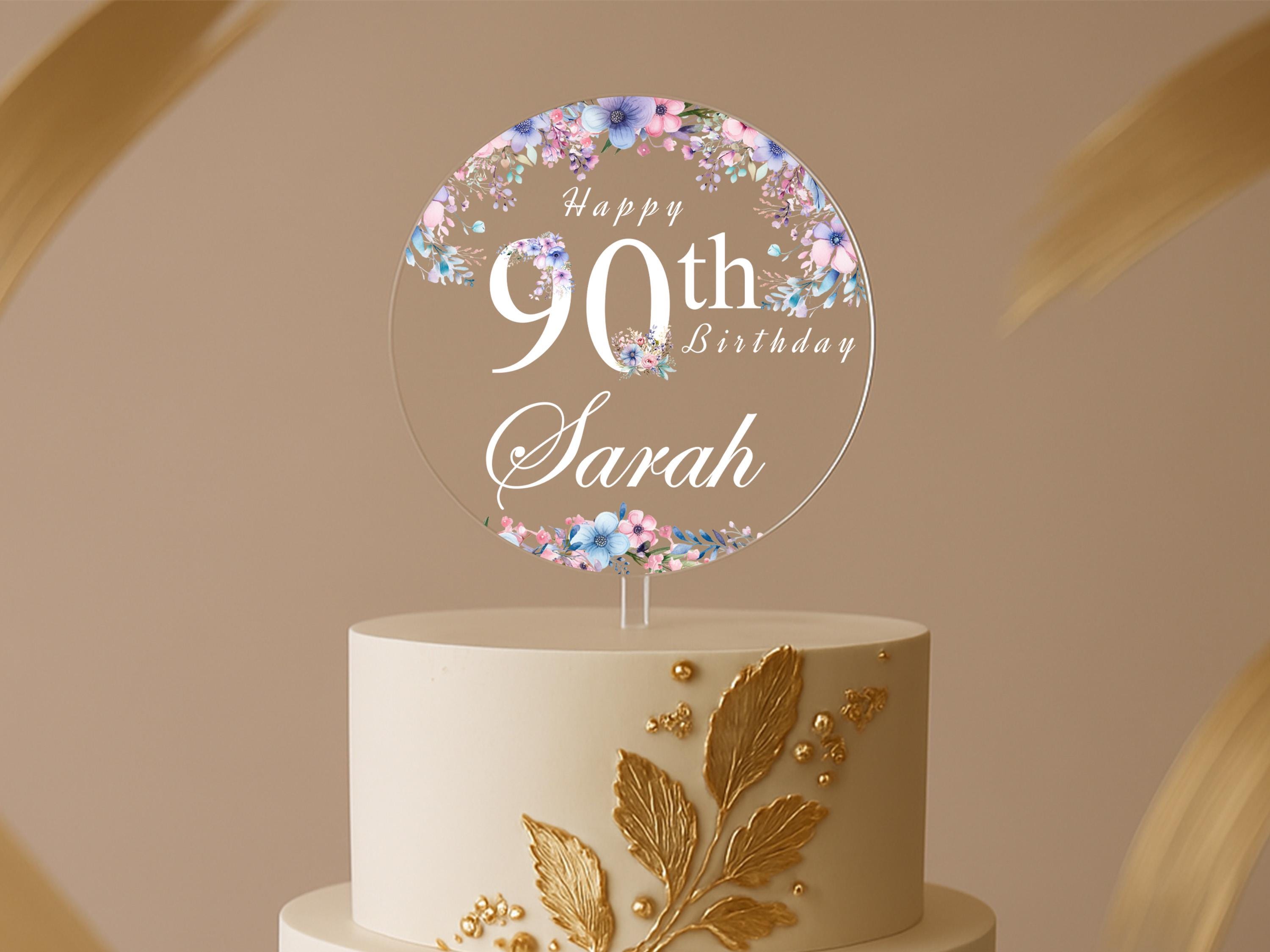 Personalised 90th Birthday Cake Topper with Florals – Clear Acrylic