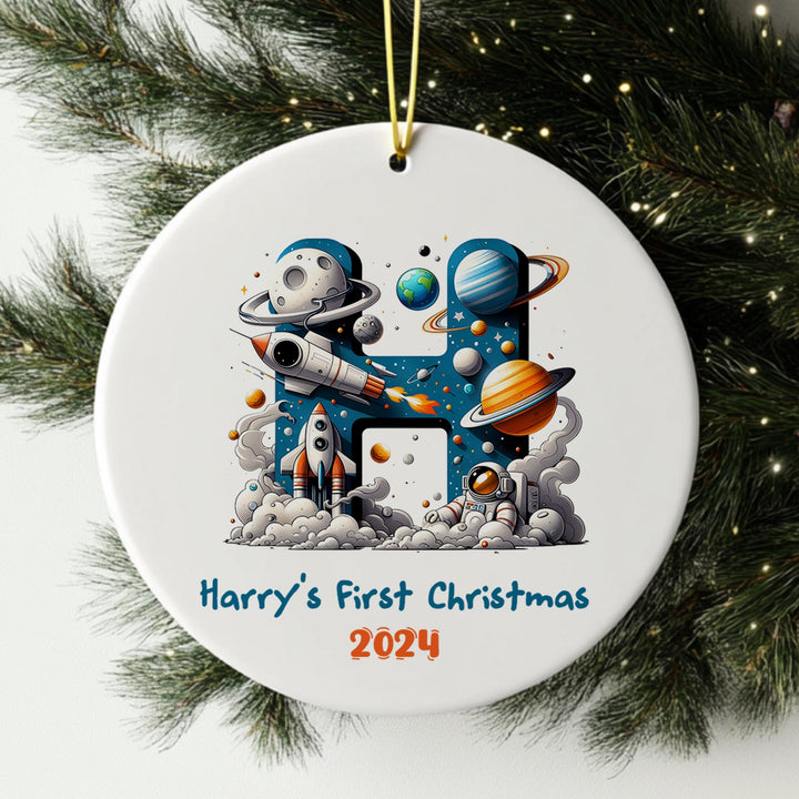 a christmas ornament hanging from a christmas tree