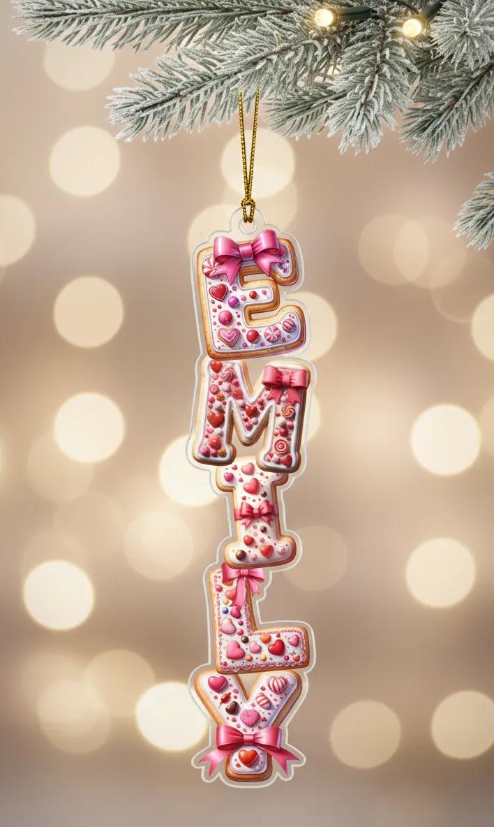 A Christmas ornament shaped like the name &quot;Emilly&quot; made of pink and white cookies, with a gold bow.