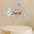 Personalised Wedding or Anniversary Cake Topper with Blue Floral Design