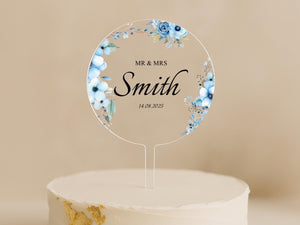 Personalised Wedding or Anniversary Cake Topper with Blue Floral Design
