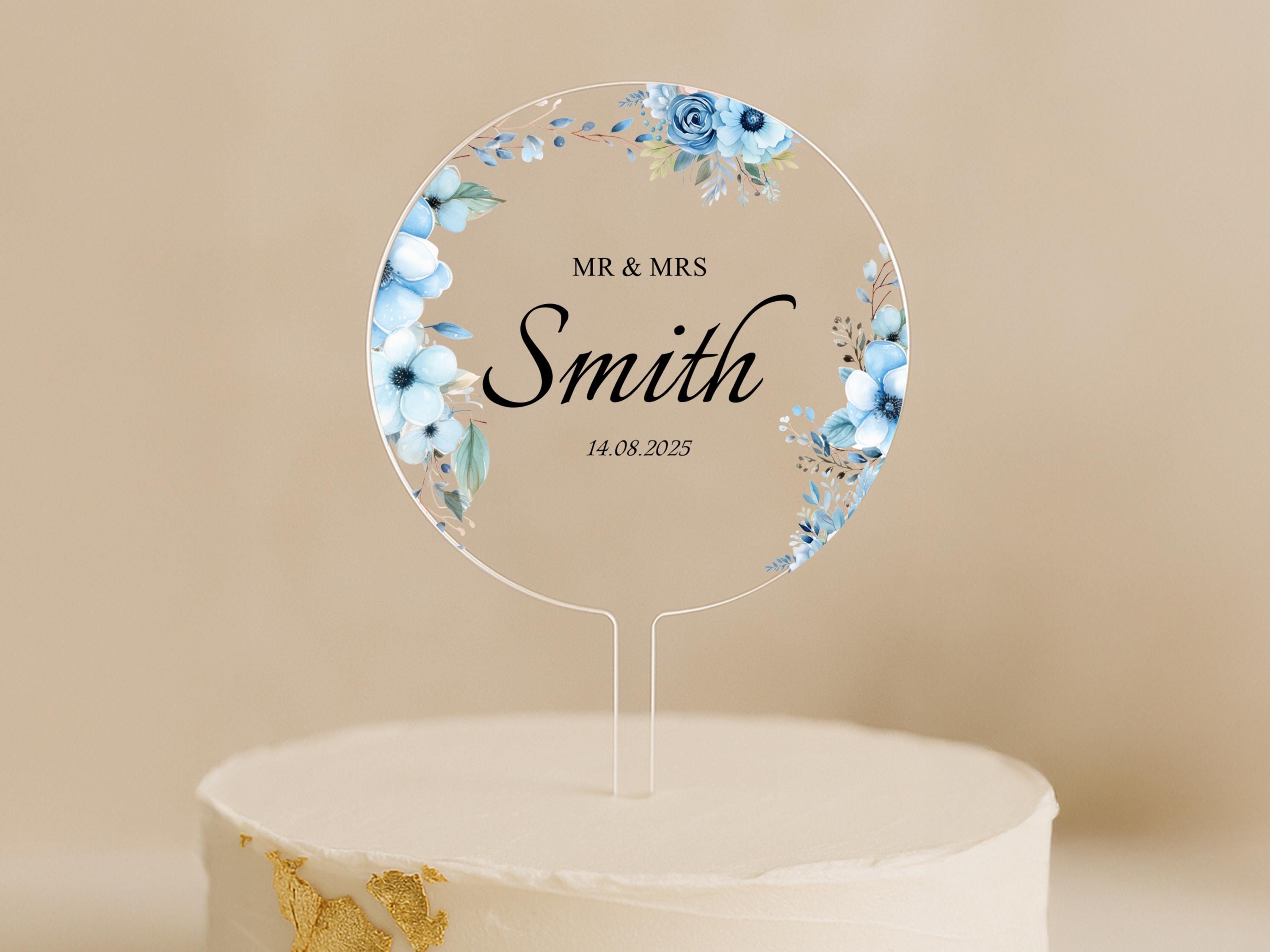Personalised Wedding or Anniversary Cake Topper with Blue Floral Design