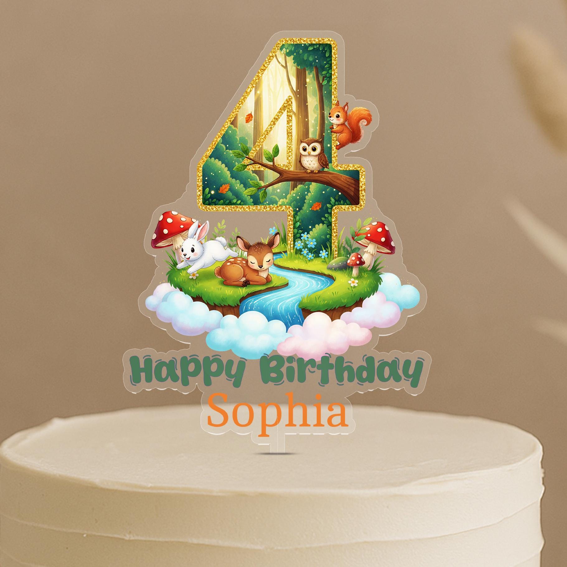 A birthday cake topper with a forest scene and animals, including a squirrel, rabbit, and owl, along with the text "Happy Birthday Sophia".