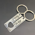 Personalised wedding gift keyrings in rose gold, Hubby and Wifey engraved, heart puzzle design for couples celebrating their love.