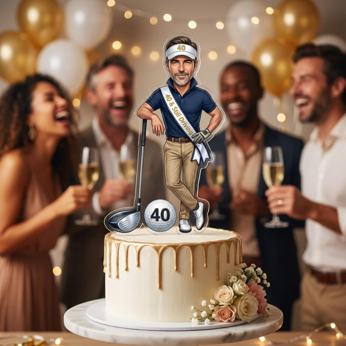 Personalised golf caricature cake topper on a birthday cake
