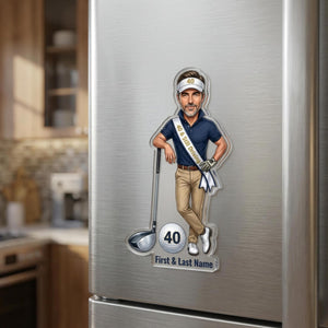 Comparison of golf caricature magnet, ornament, cake topper and standee