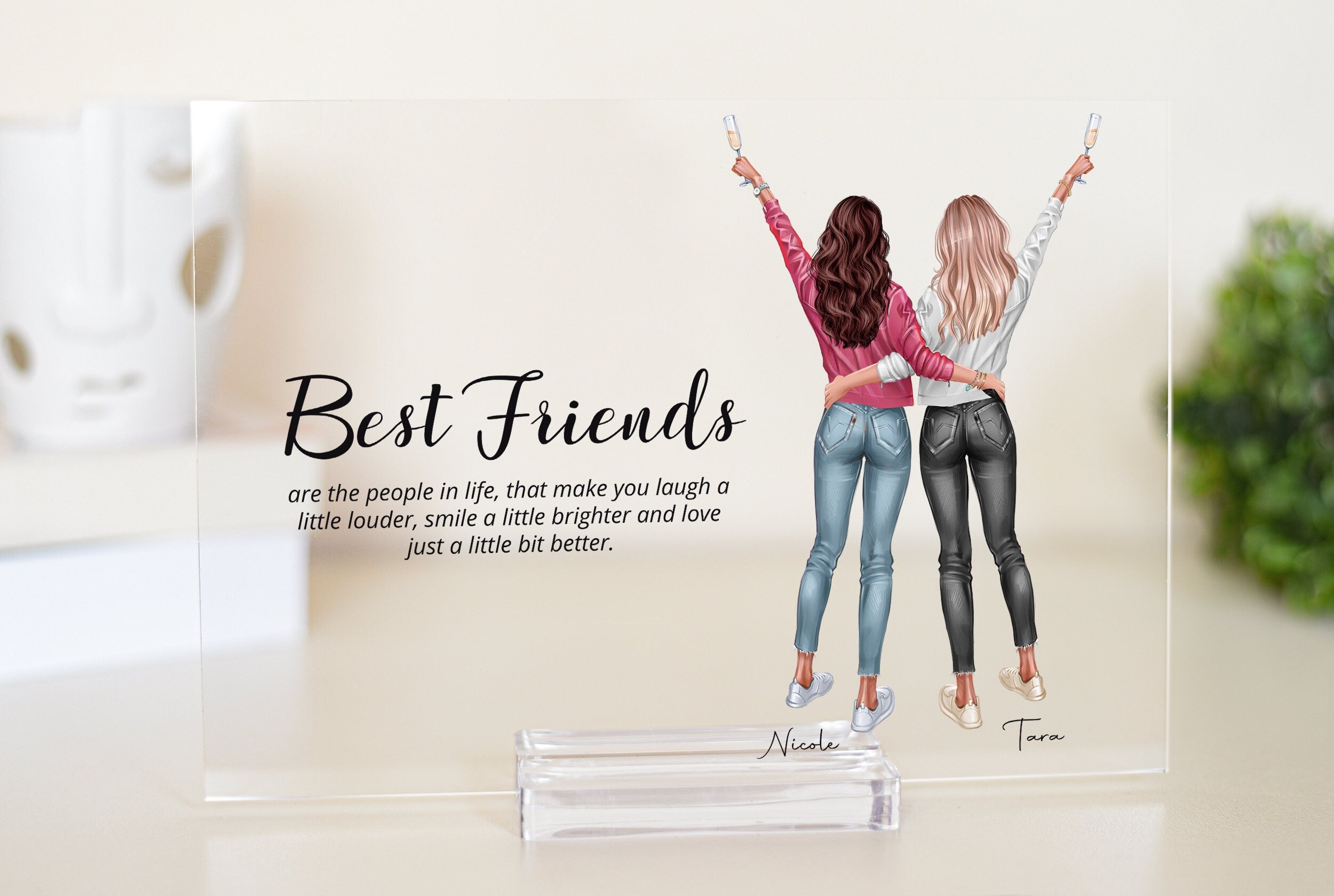 Friends are like diamonds, we want each friendship print to be unique and thoughtful. So, you can choose hairstyles, skin colour and clothes options corresponding to each in the pictures and add them at checkout!