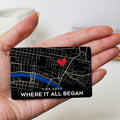 Are you looking for the perfect graduation gift? This dark and white personalised map wallet card is printed with your special location and a chosen caption along the bottom onto a brushed aluminium card.