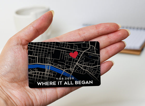 Are you looking for the perfect graduation gift? This dark and white personalised map wallet card is printed with your special location and a chosen caption along the bottom onto a brushed aluminium card.