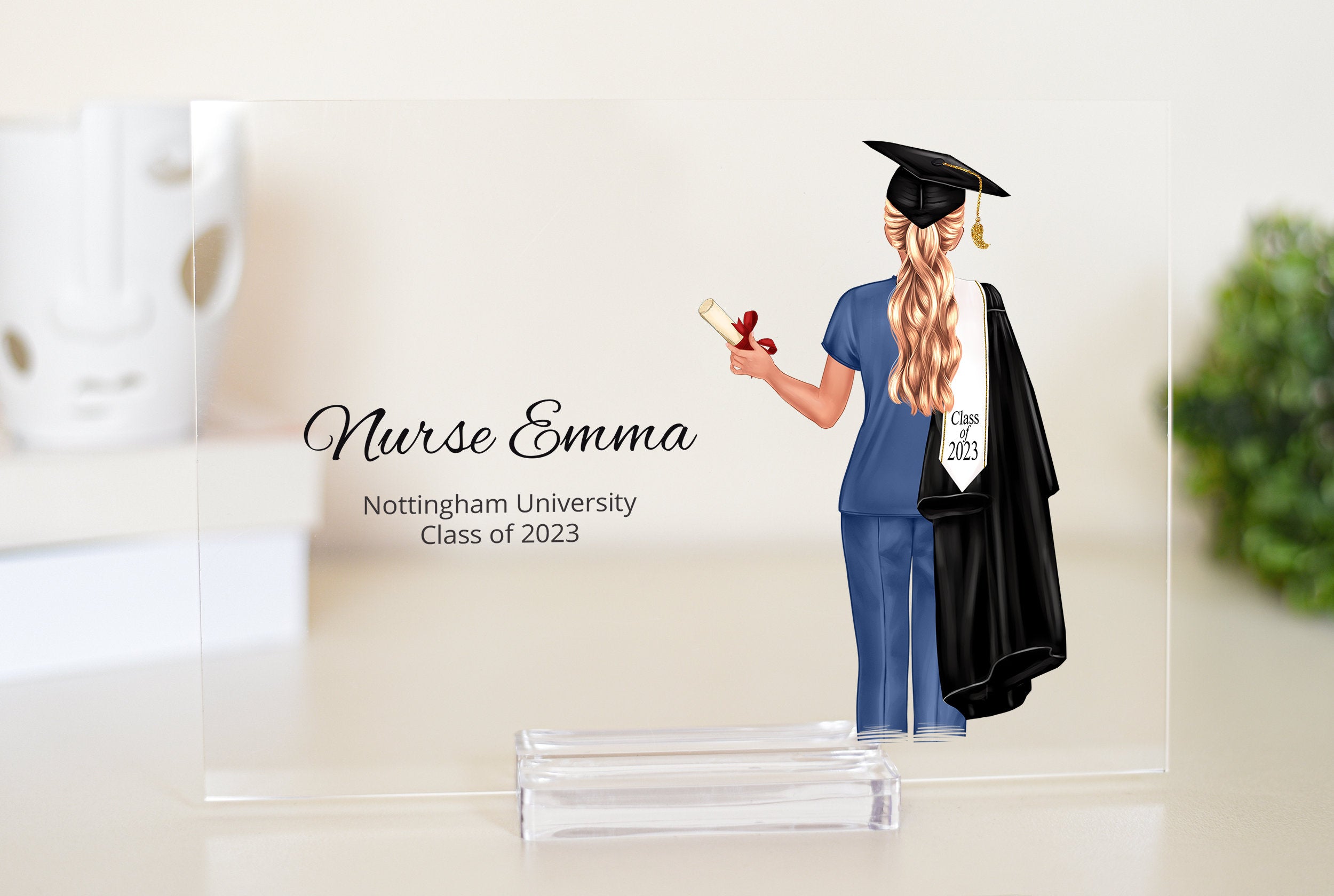 This graduation plaque is the perfect gift for a recent nursing graduate. The plaque features a beautifully detailed nursing cap and stethoscope design, symbolizing the hard work and dedication of the graduate in their chosen field.