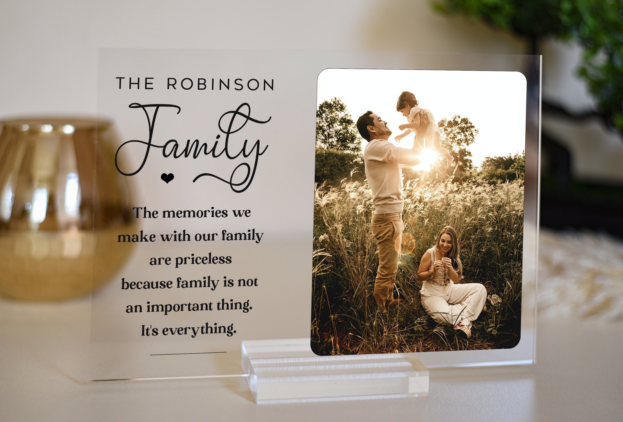 Display your family's cherished memories with a personalized family photo plaque. Our customizable acrylic plaques make the perfect keepsake to showcase your favorite family photo.