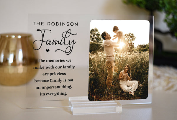 Display your family&#39;s cherished memories with a personalized family photo plaque. Our customizable acrylic plaques make the perfect keepsake to showcase your favorite family photo.