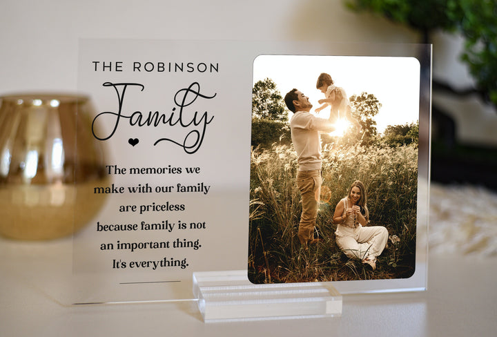 Display your family&#39;s cherished memories with a personalized family photo plaque. Our customizable acrylic plaques make the perfect keepsake to showcase your favorite family photo.