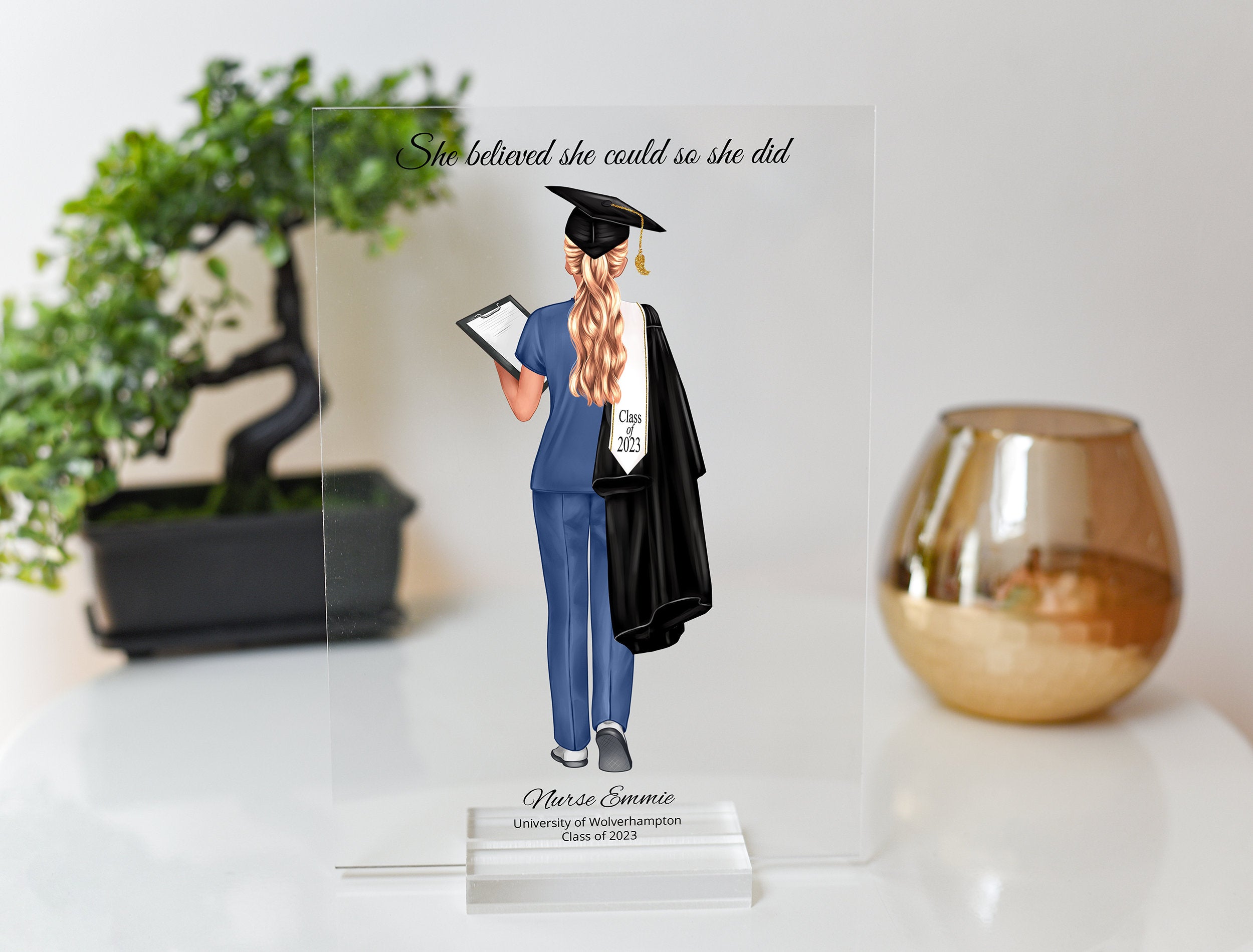 Looking for a unique and sentimental graduation gift for a nursing student? Look no further than our custom nurse plaque! This beautiful piece features a detailed representation of a nurse uniform, making it a meaningful reminder of the hard work