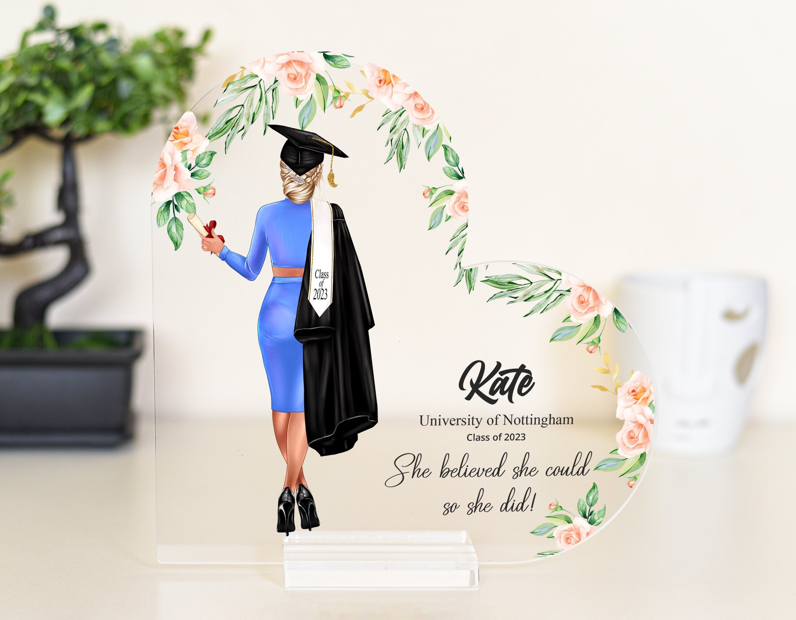 Personalised Heart-Shaped Acrylic Masters Degree Graduation Plaque - Custom Gift for Her