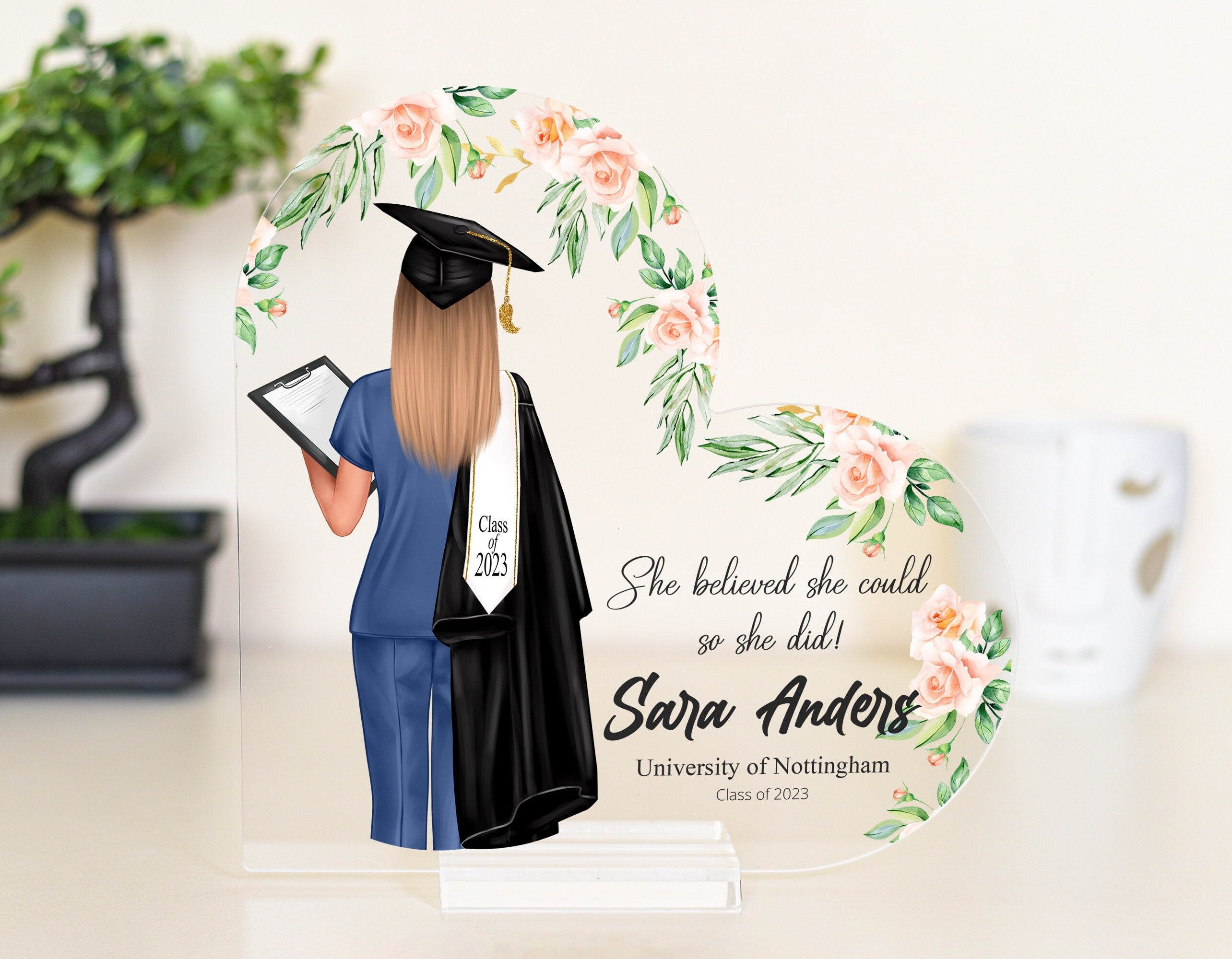 Personalised Heart-Shaped Acrylic Nurse Graduation Plaque with Custom Portrait